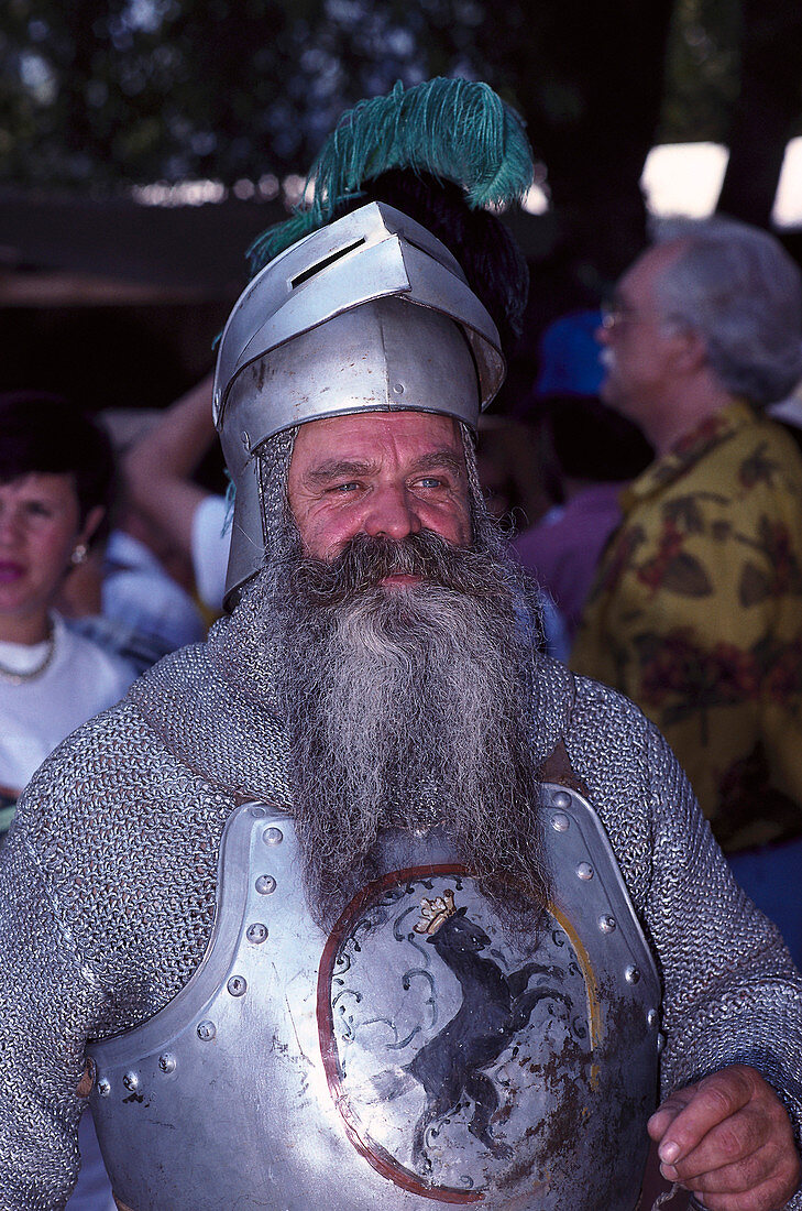 Mature man wearing knight's armour, Kaltenberger knight games, Kaltenberg, Bavaria, Germany, Europe