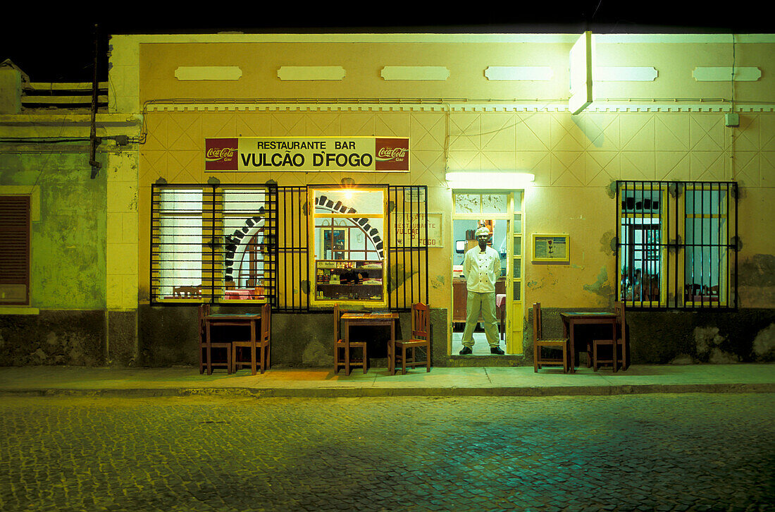 Exterior view of a restaurant at night, Santa Maria, Sal, Cape Verde, Africa