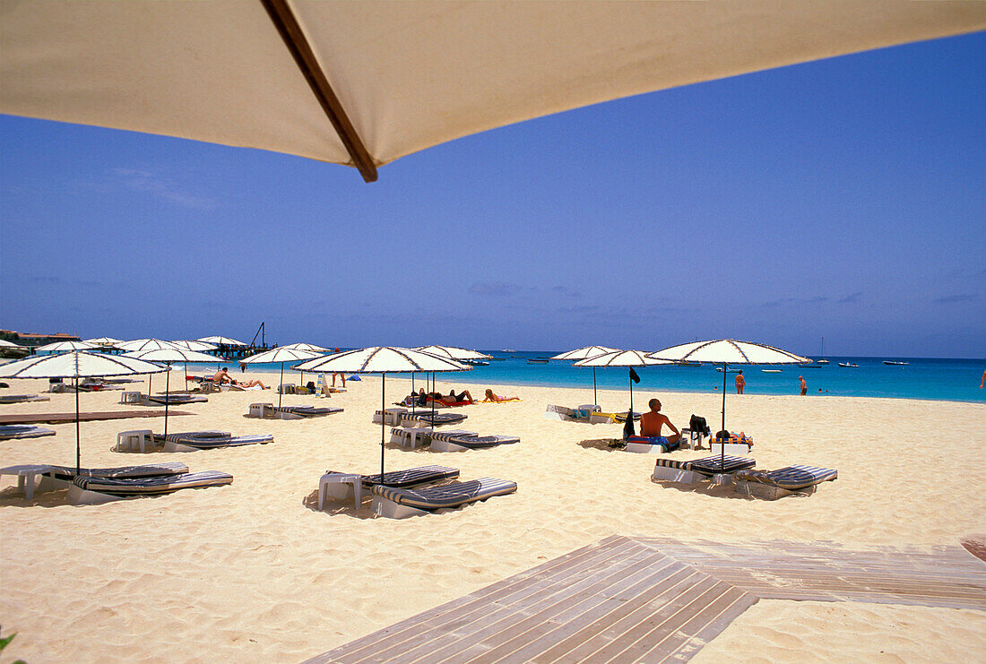Liegestühle und Sonnenschirme am Strand, Santa Maria, Sal, Kapverden, Afrika