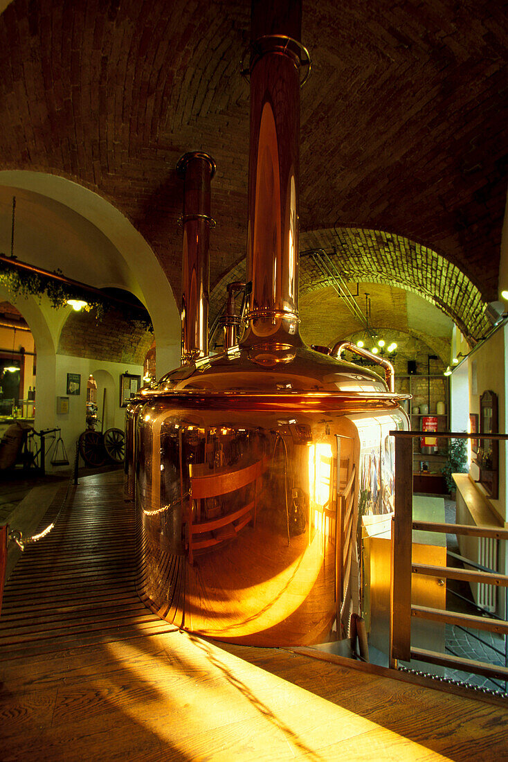 Interior view of Griesbraeu brewery, Copper vats, Murnau, Oberbayern, Bavaria, Germany