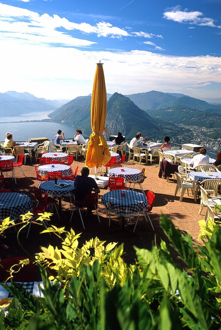 Cafe, restaurant overlooking lake Lugano, Ticino, Switzerland