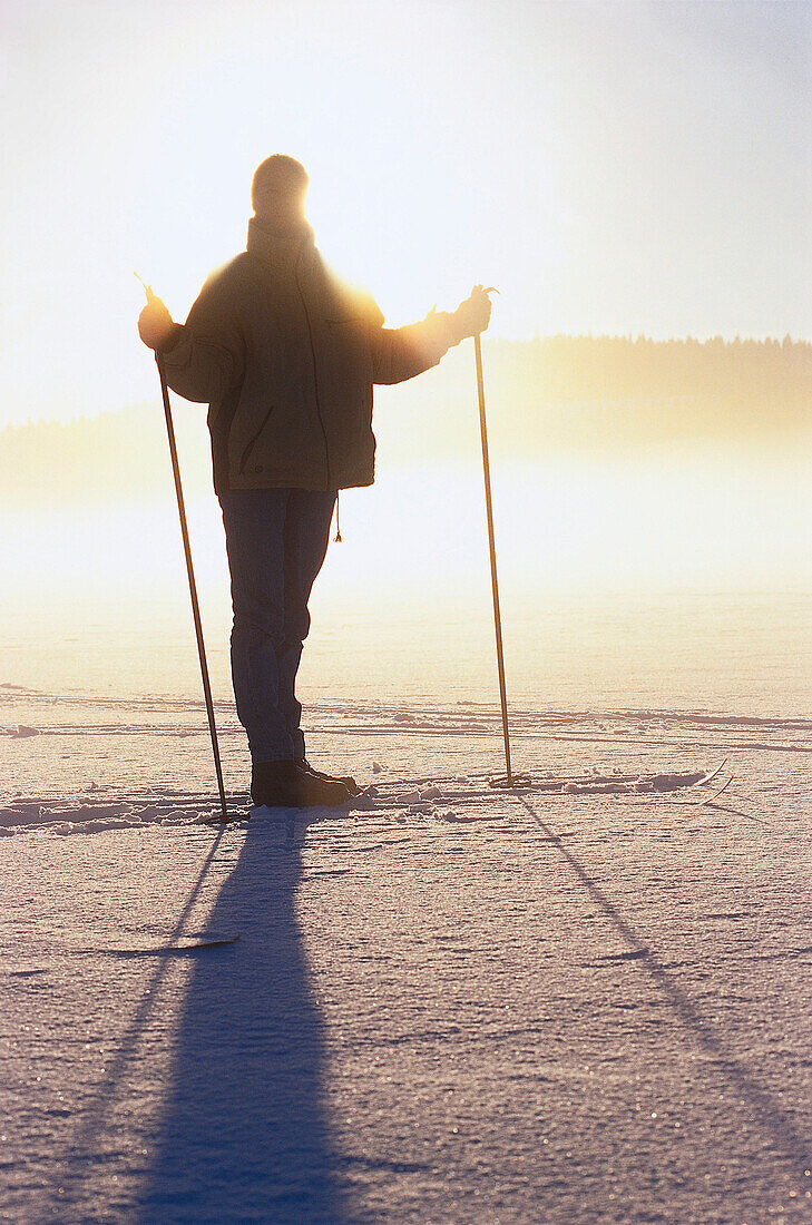 Cross country skiing on snow, descending fog, Vastergotland, Sweden