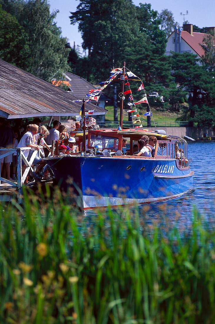 People on excursion boat MS Dalsland on the Dalsland canal, Haverud Dalsland, Sweden, Europe