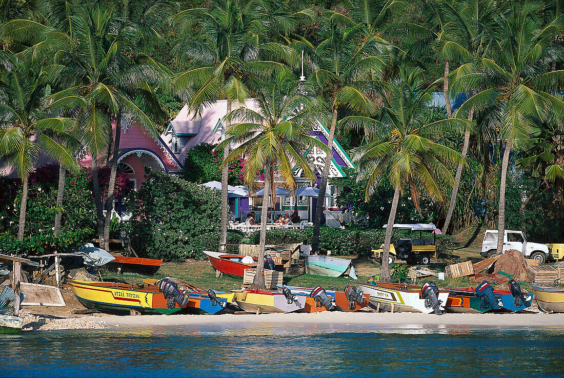 Fishing boats on the beach beneath palm trees, Britania Bay, Mustique island, St. Vincent, Grenadines, Caribbean, America