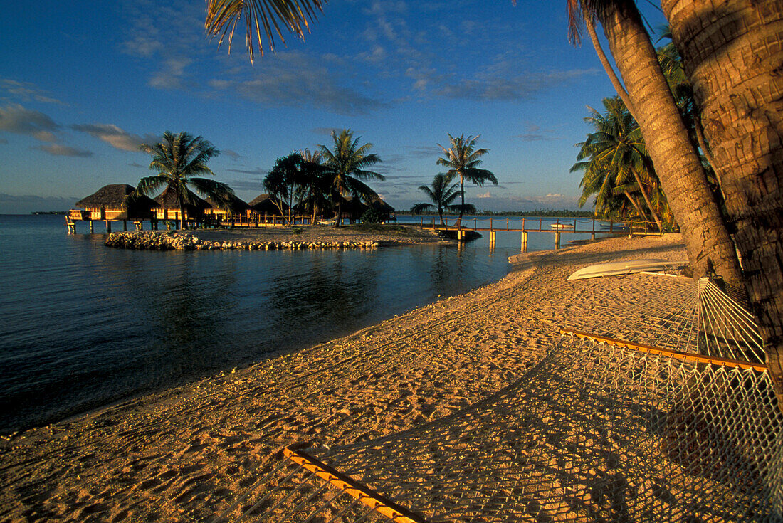 Hängematte zwischen Palmen und Wasserbungalows im Licht der Abendsonne, Manihi Pearl Beach Resort, Manihi, Tuamotu, Französisch Polynesien, Ozeanien