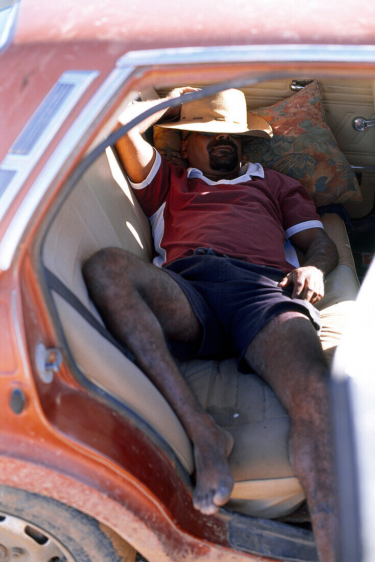 Boxer Lizard sleeping on backseat, Fred Brophy's Boxing Troupe, Simpson Desert, Queensland, Australia