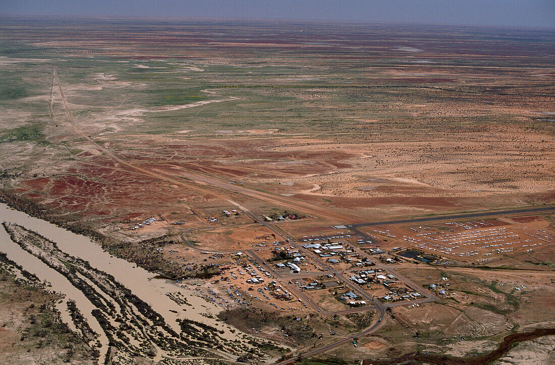 Aerial view of the village Birdsville, Simpson Desert, Queensland, Australia