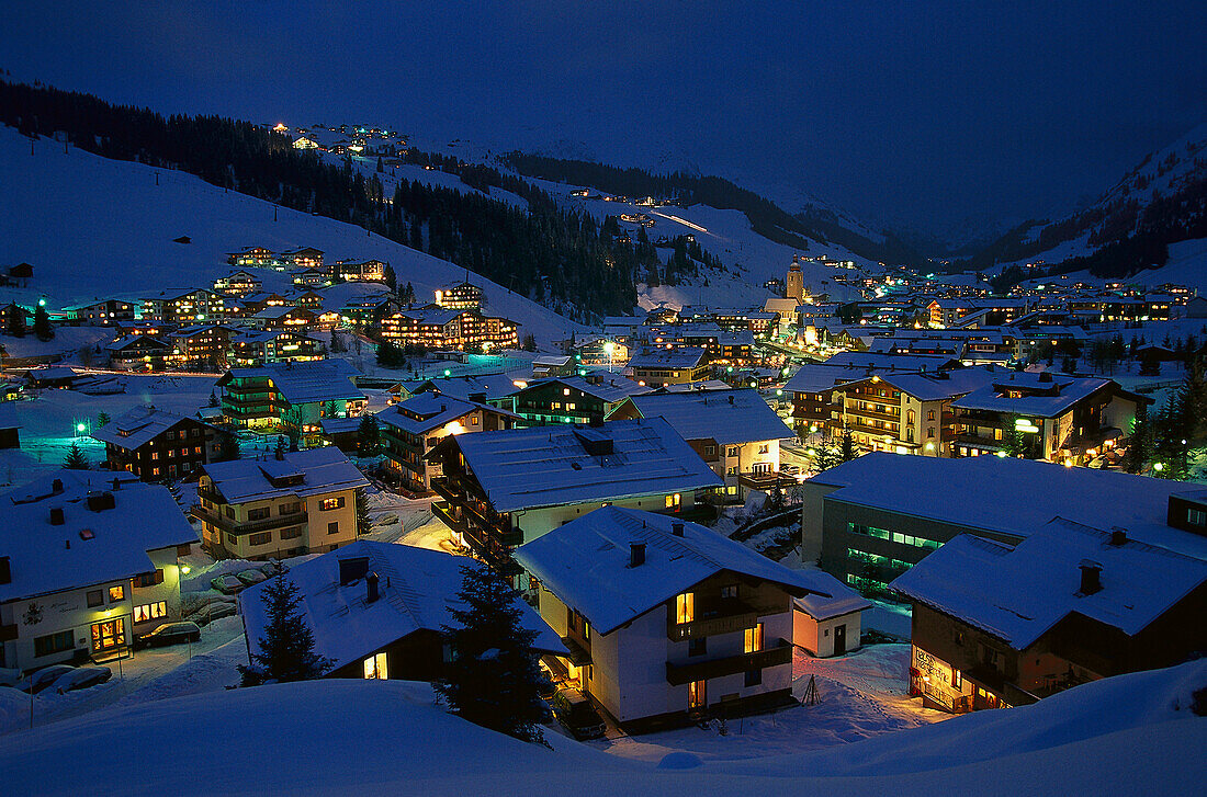 Lech am Arlberg at night, Winter ski resort, Vorarlberg, Austria