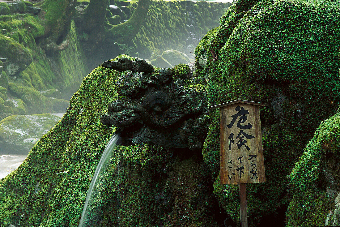 Moosbewachsene Skulptur am Fluss des Klosters Eiheiji, Honshu, Japan, Asien