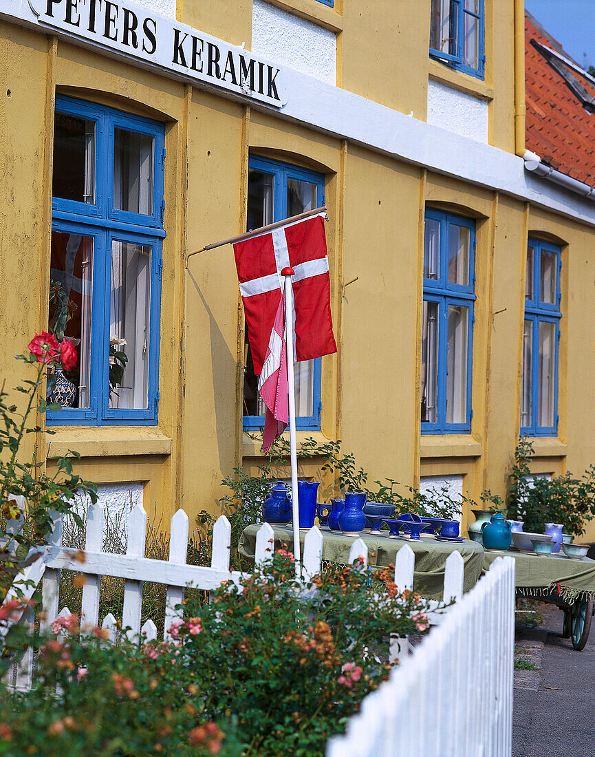 Ceramics shop with danish ensign, Svaneke, Bornholm, Denmark, Europe