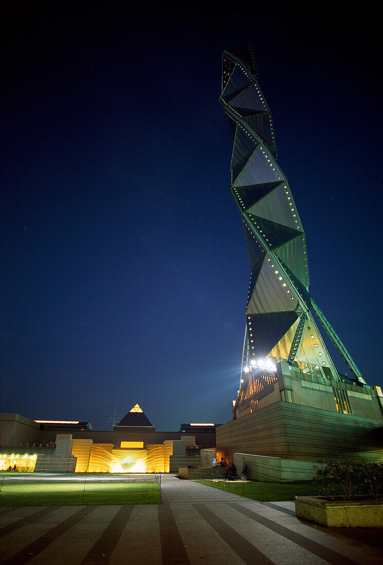 The illuminated Art Tower Mito at the Museum for Contemporary Art, Ibaraki City, Osaka, Japan