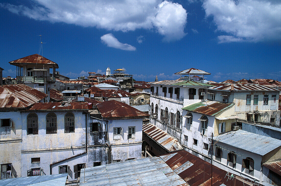 The houses of the Old Town under blue sky, Zanzibar city, Zanzibar, Tanzania, Africa
