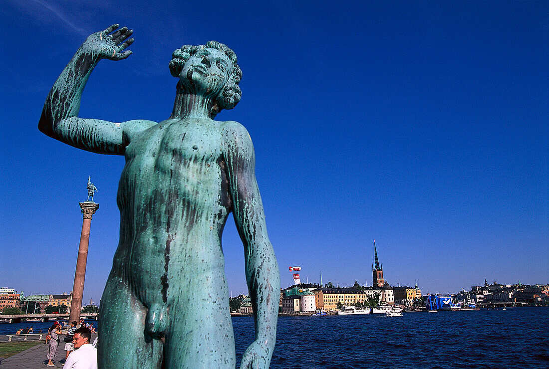 Sculpure near Stadshuset City Hall, , View to Riddarholmen Stockholm, Sweden