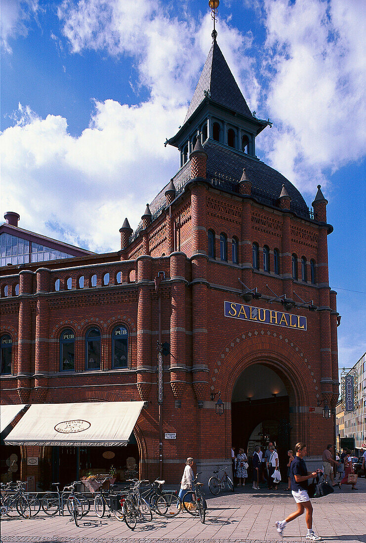 Oestermalms Saluhall, market hall under clouded sky, Oestermalm, Stockholm, Sweden, Europe