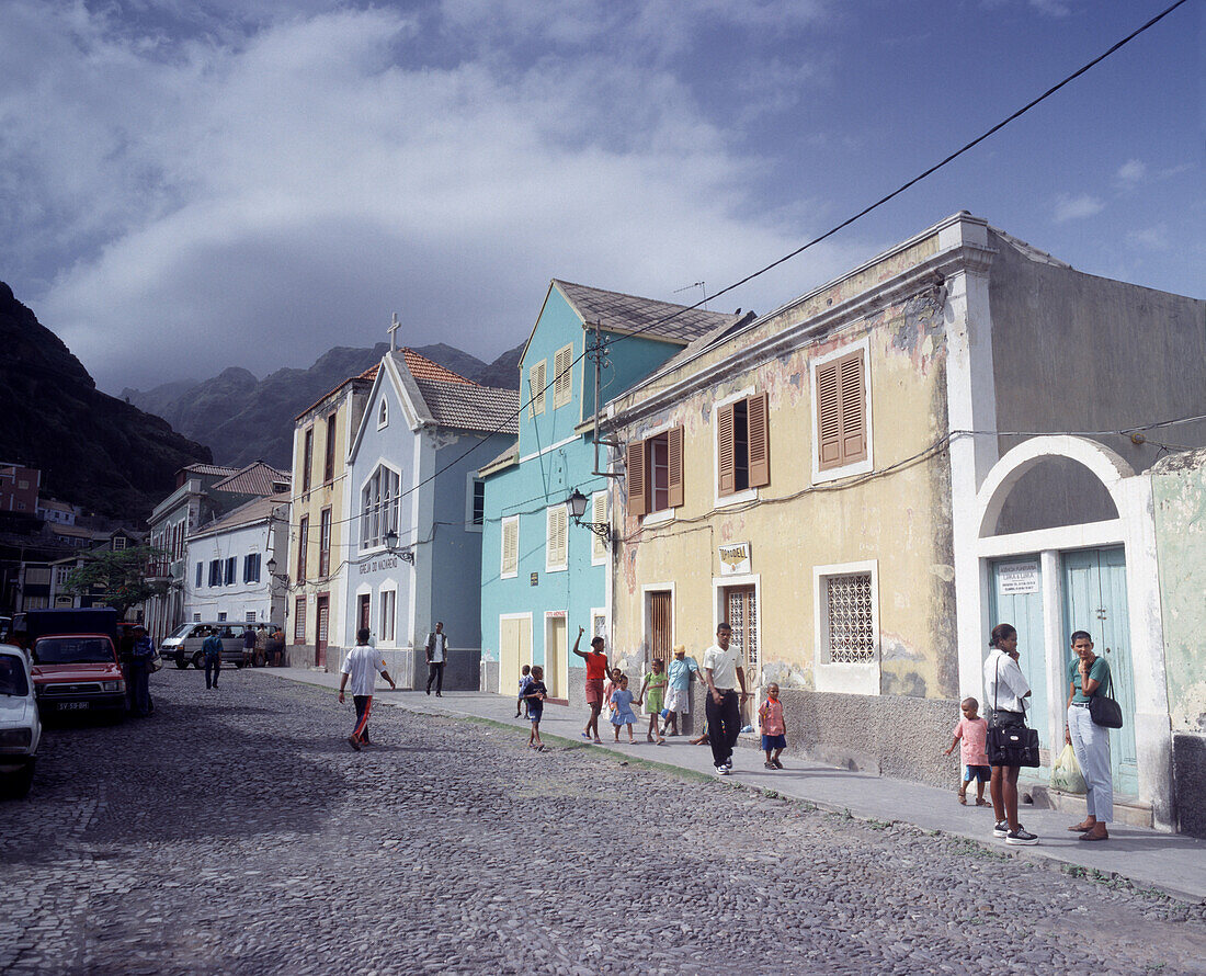 Village and village street, Vila Ribeira Grande, Santo Antao, Cape Verde Islands