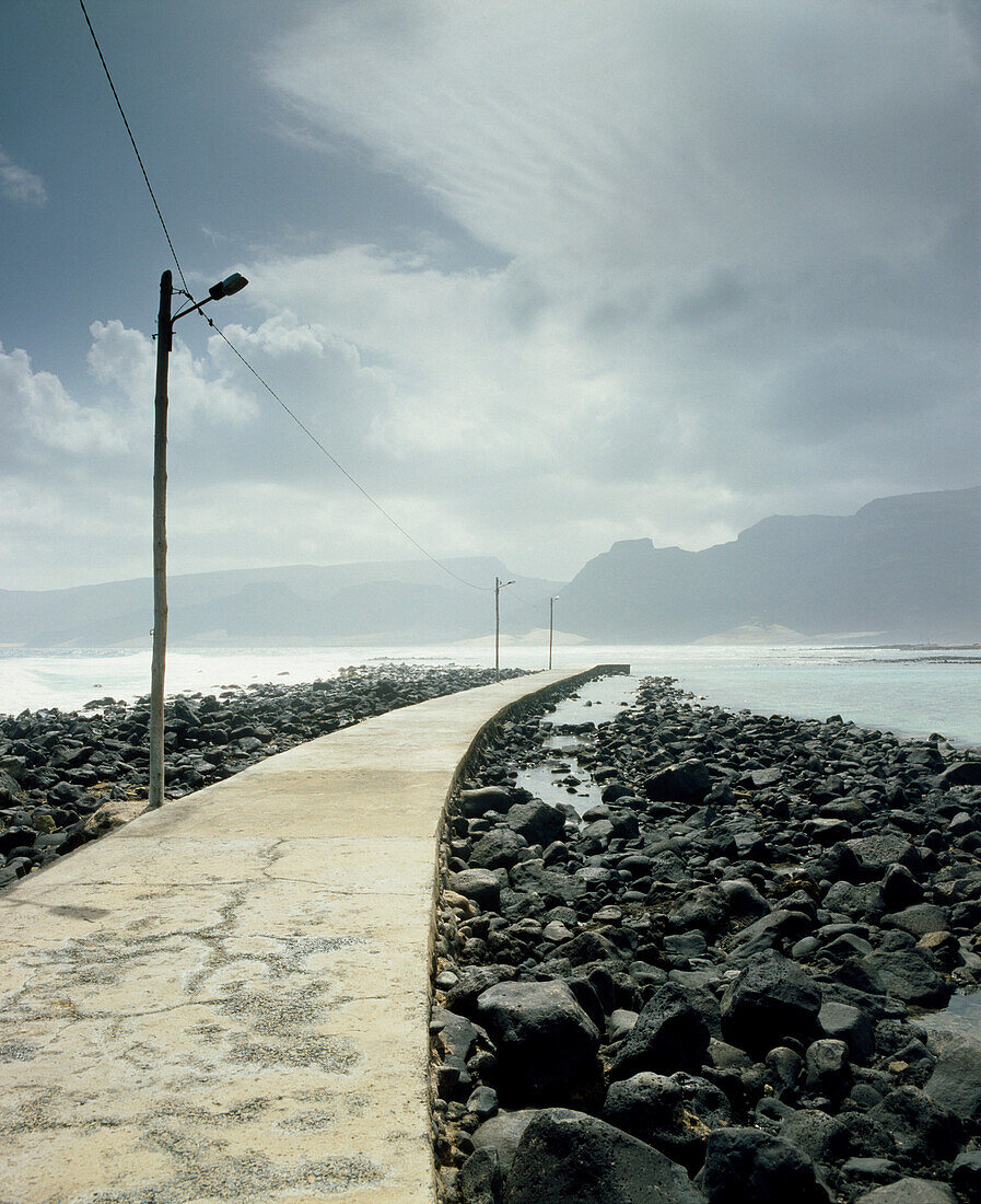 Pier, promenade along the beach, Mole, Baia da Gatas, Sao Vicente, Cape Verde Islands