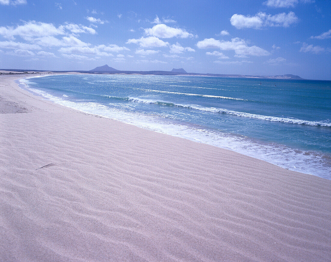 Sweeping sandy beach under clouded sky, Praia de Chave, Boavista, Cape Verde, Africa