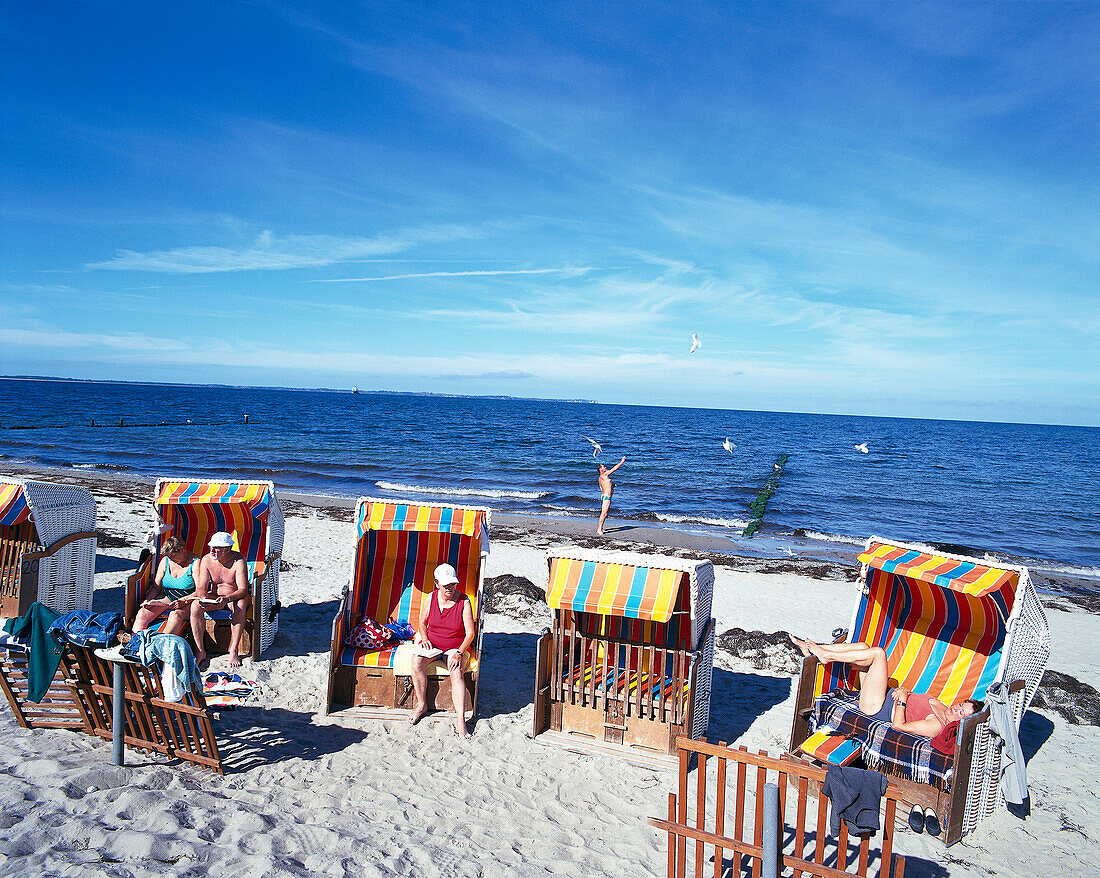 People sitting in beach chairs, Schaabe Bay, Baltic Sea, near Glowe, Mecklenburg-Western Pomerania, Germany