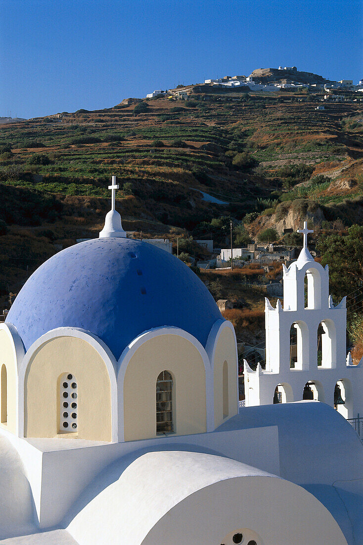 Kirche im Sonnenlicht, Vothonas, Santorin, Kykladen, Griechenland, Europa