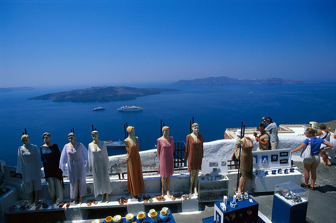 Tourists looking at souvenirs, Fira, Santorin, Cyclades, Greece, Europe