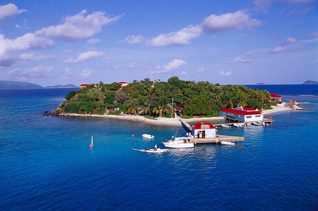 Insel mit Palmen im Sonnenlicht, Marina Cay, Britische Jungferninseln, Karibik, Amerika