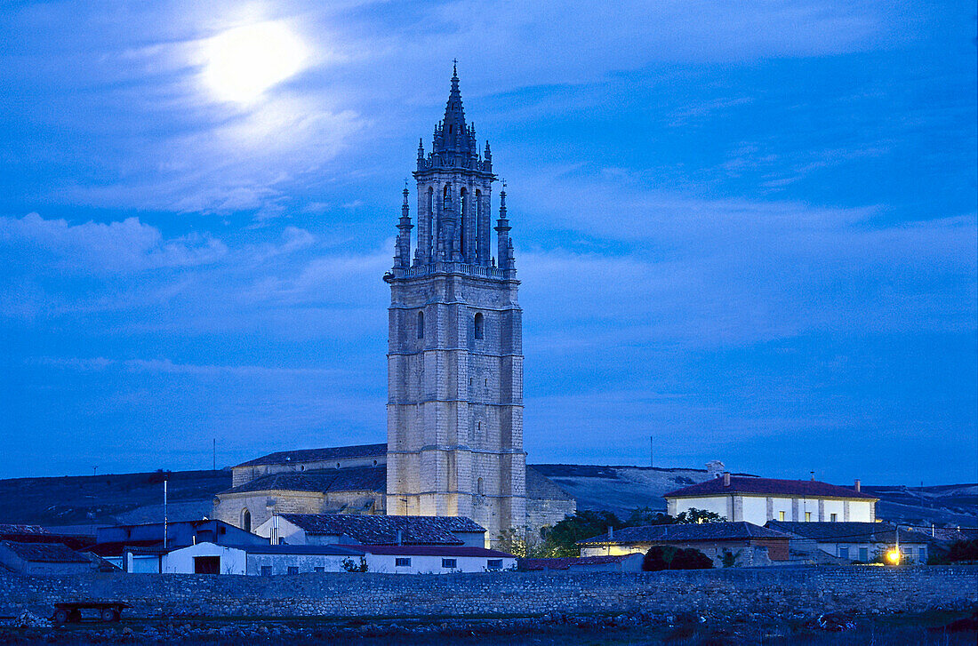 Steeple in the moonlight, Ampudia, Tierra de Campos, Castilla, Spain, Europe