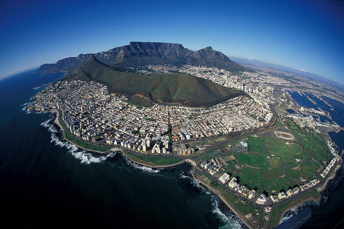 Aerial view of Cape Town under blue sky, Cape Town, South Africa, Africa