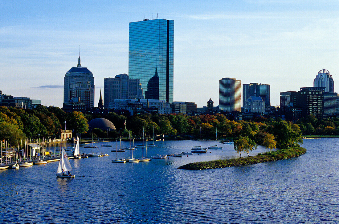 Marina at Charles River in front of high rise buildings, Boston, Massachussetts, USA, America