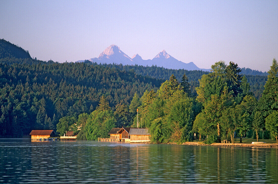 Boat houses at lakeshore, Lake Walchen, Walchensee, Bavaria, Germany