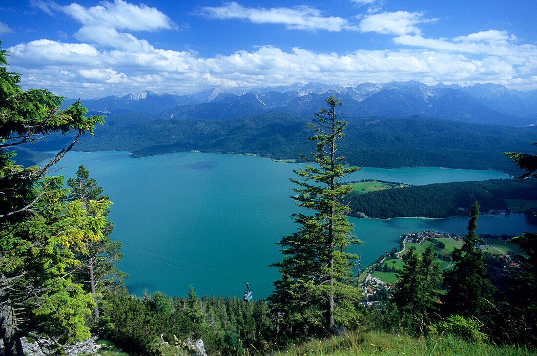 Walchensee und Karwendel unter Wolkenhimmel, Bayern, Deutschland, Europa