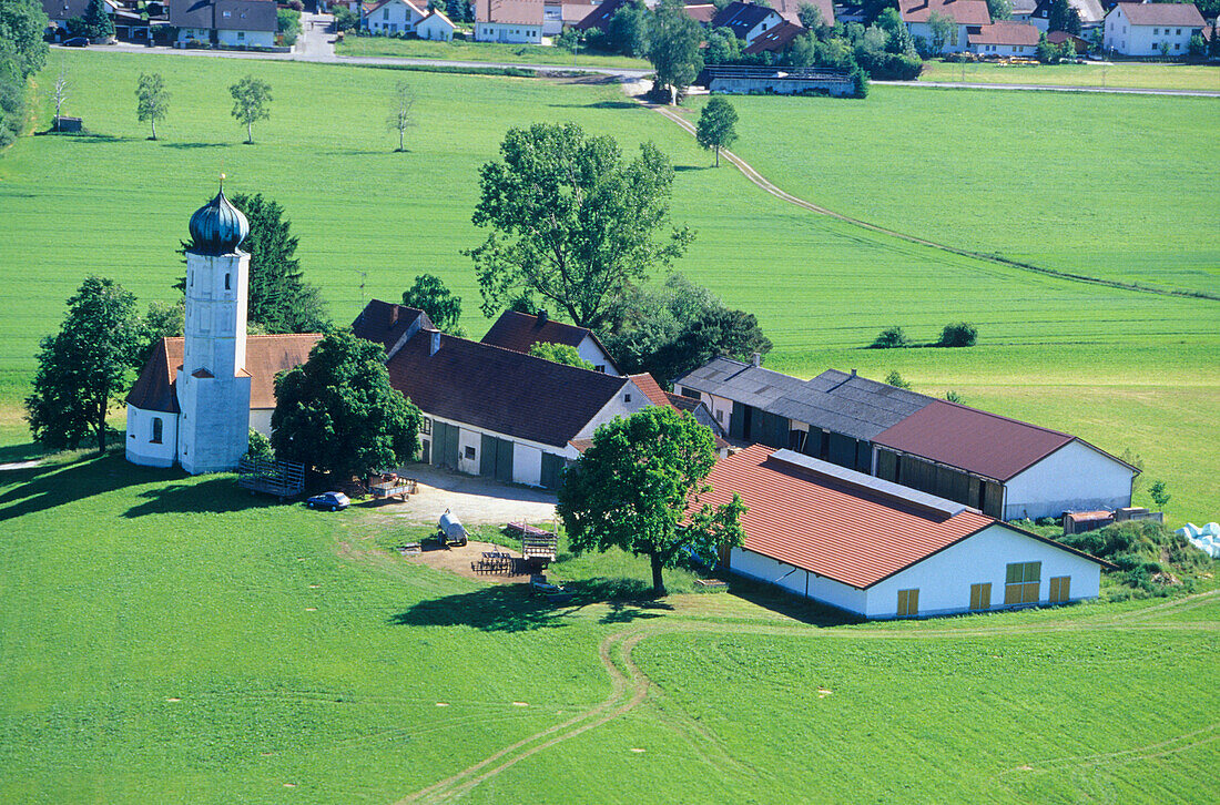 Church and farm house, Jesenwang, Bavaria, Germany