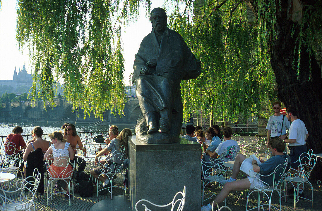 People at a cafe at the Smetana monument, Prague, Czech Republic, Europe