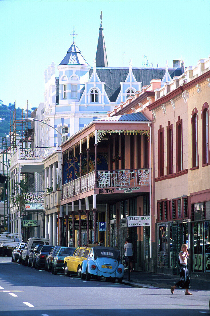 Man crossing the Long Street in front of colonial style houses, Capetown, South Africa, Africa