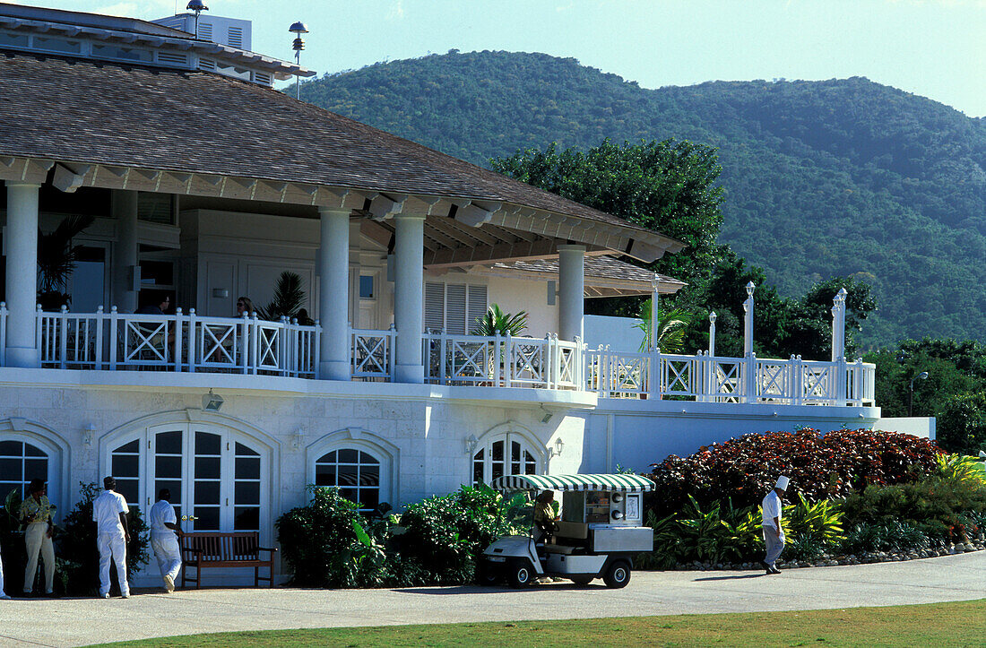 People in front of a building of the White Witch Golf Club, Rose Hall, Jamaica, Caribbean, America