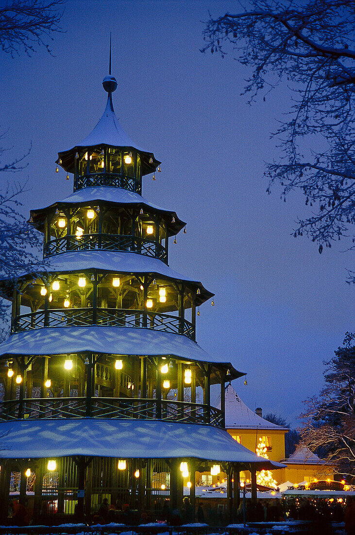 Chinese tower at English Garden, christmas time, Munich, Germany