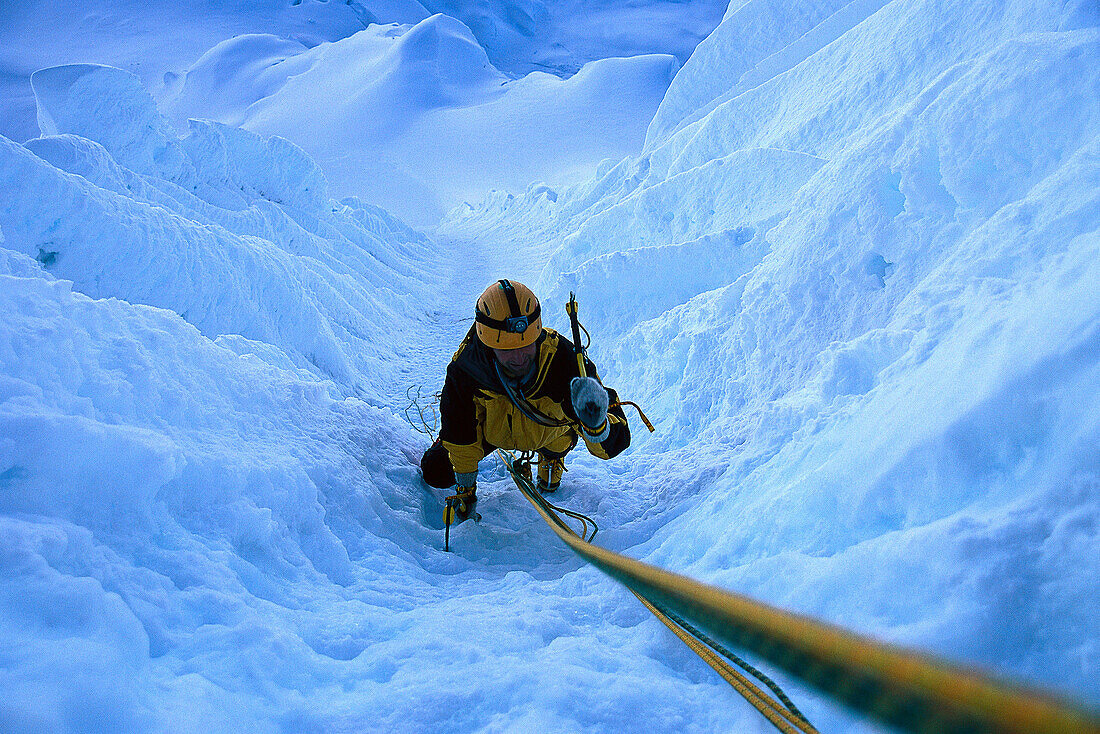 Climber in ice channel, Alpamayo 5.947m, Cordillera Blanca, Peru