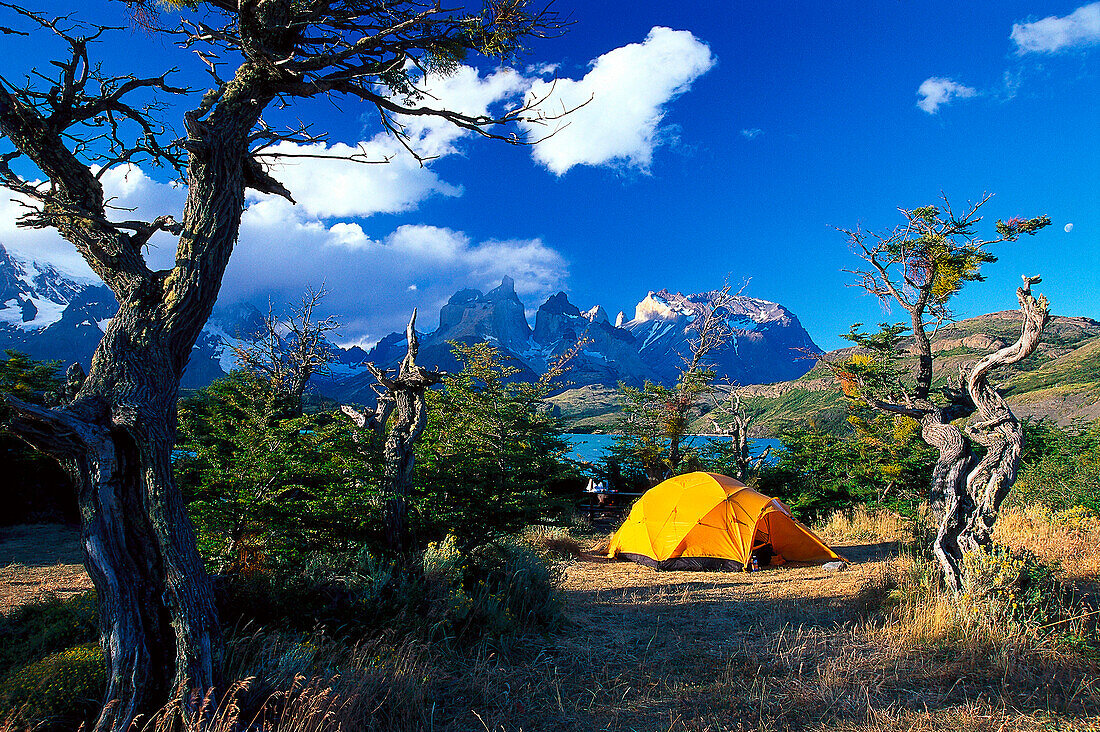 Zelten am Pehoe See, Paine Nationalpark, Patagonien, Argentinien