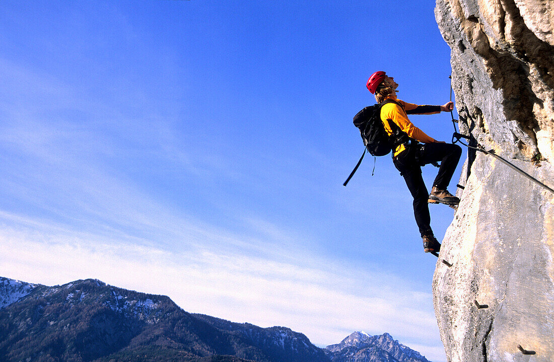 Man on a fixed rope route, Bad Goisern, Salzkammergut, Upper Austria, Austria