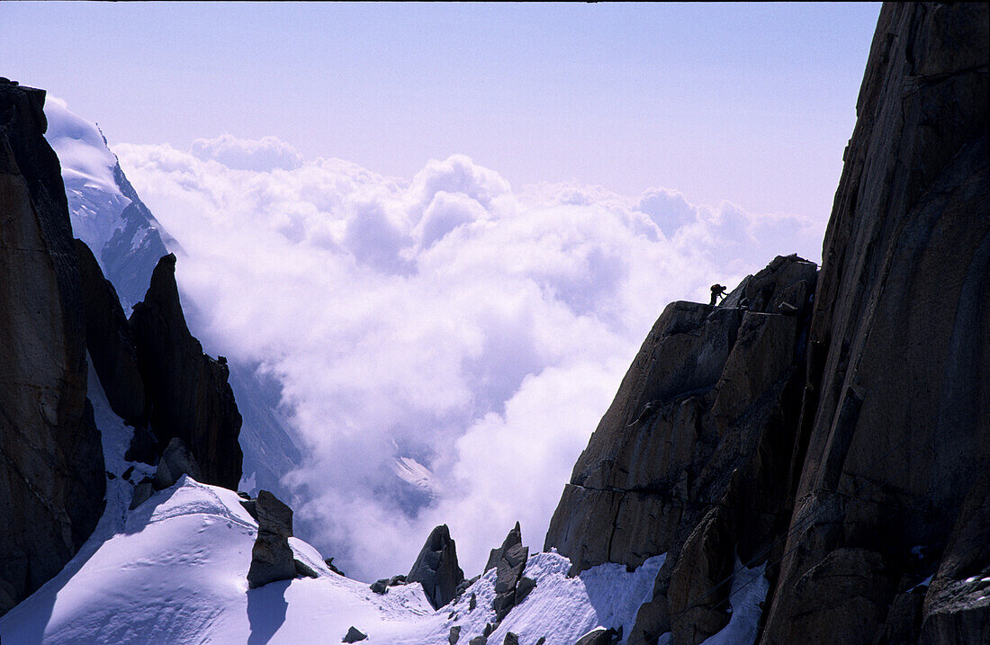 Climber at Cosmique Ridge, Arete cosmique, French Alps, Chamonix, France