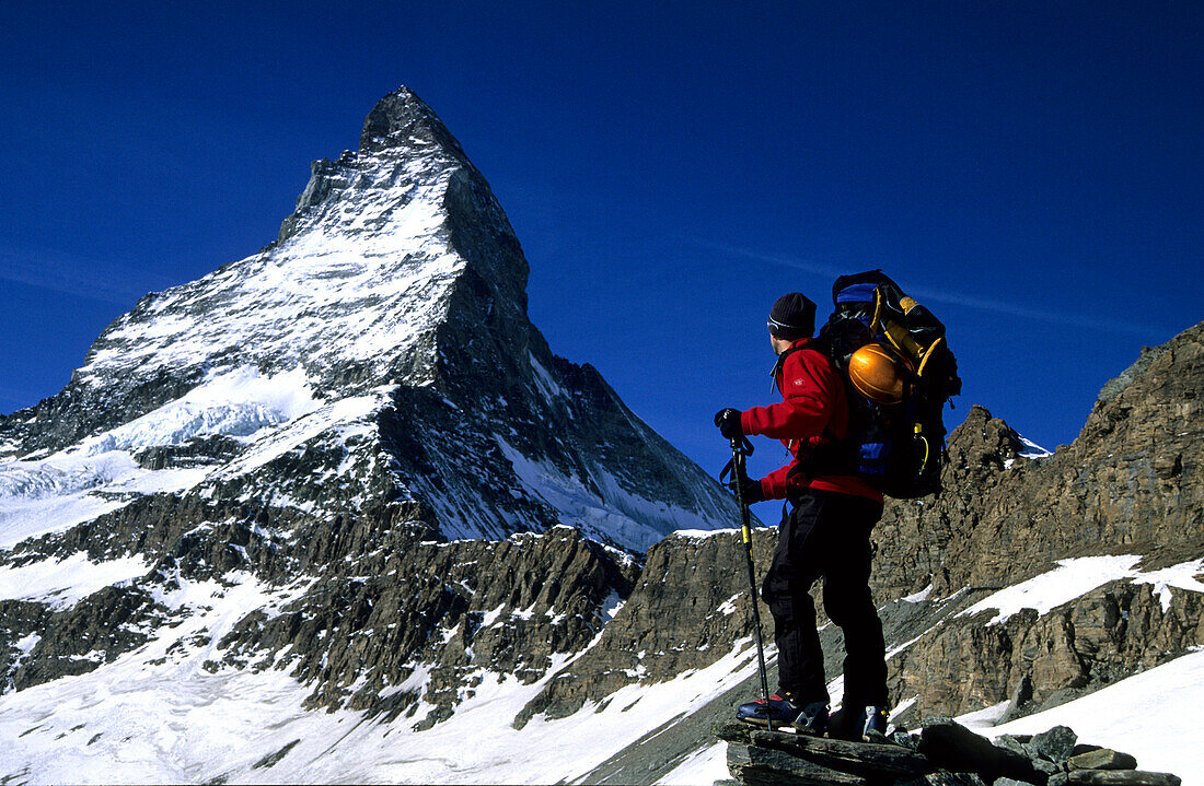 Climber ascending to Hörnli hut, Matterhorn 4478m, , Zermatt, Switzerland