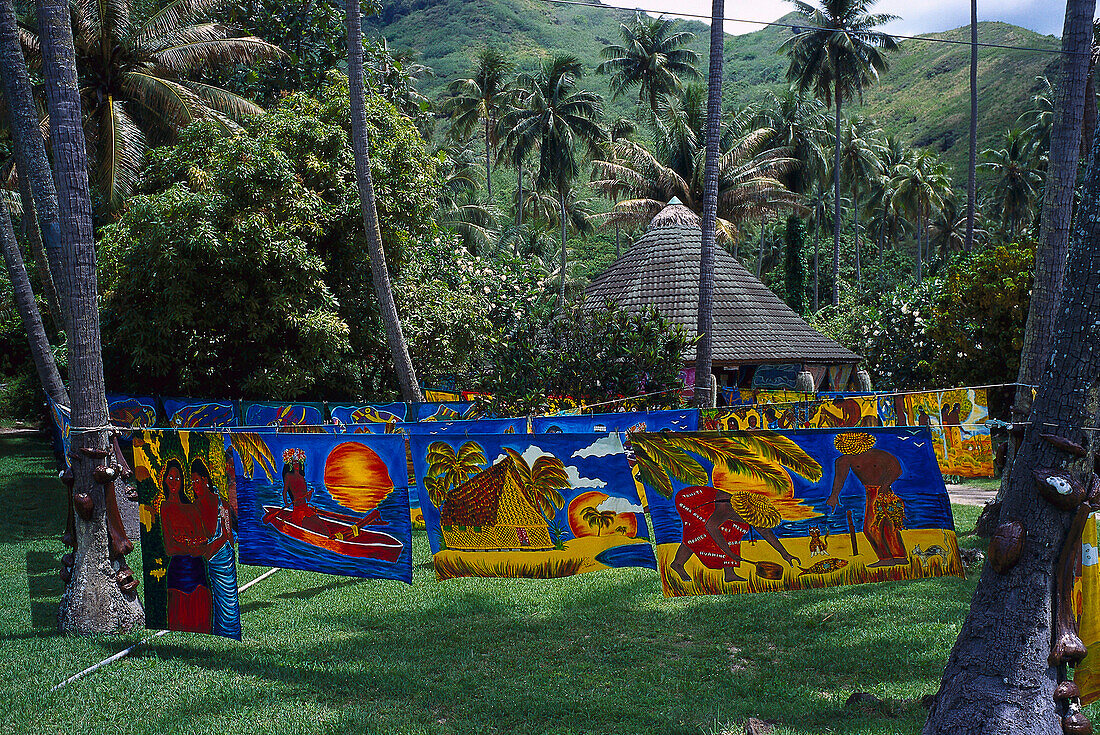Souvenir shop with textile paintings, Lilishop Pareus, near Cook´s Bay, Moorea, French Polynesia, South Pacific