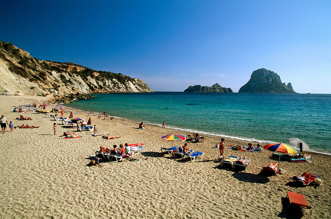 People on beach, Cala d´Hort, Ibiza, Balearic Islands, Spain
