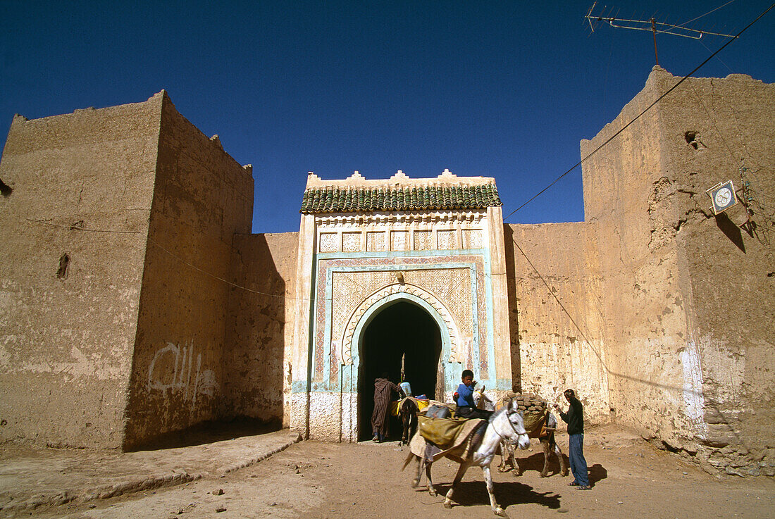 Esel am Stadttor, Dorfeingang, bei Rissani, Tafilalt, Marokko, Afrika