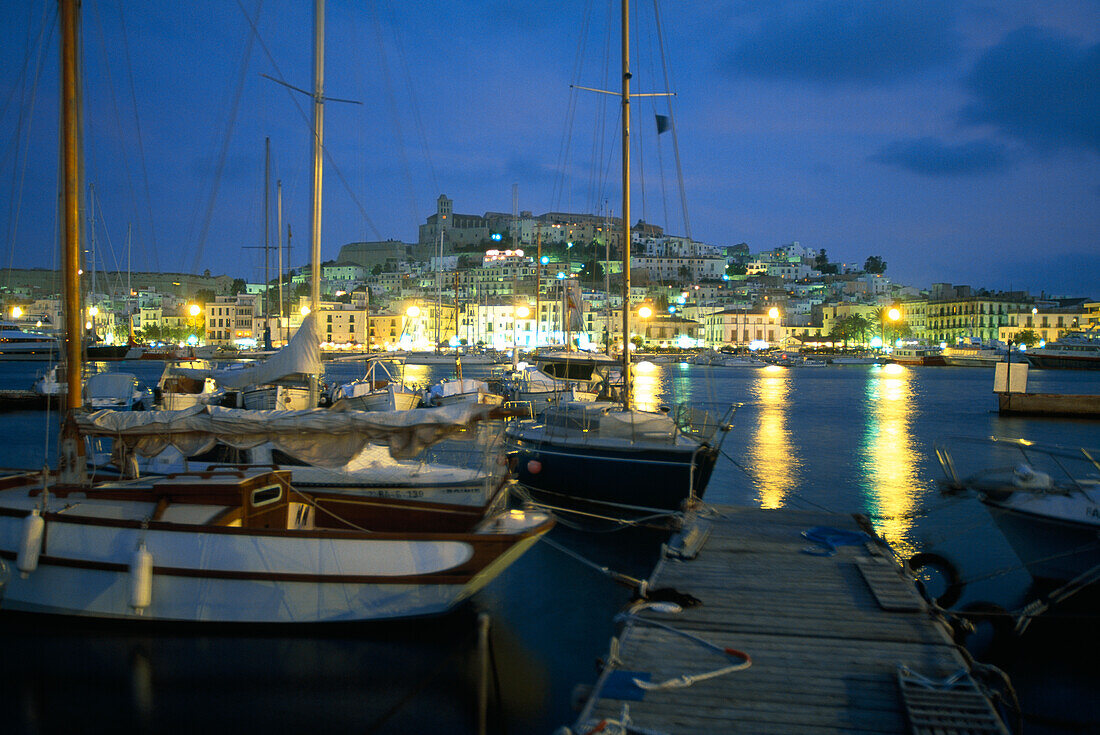 View across the harbour towards Dalt Vila, Ibiza old town, Ibiza, Balearic Islands, Spain