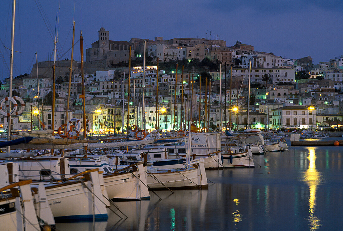 View accross the harbour towards Dalt Vila, Ibiza old town, Ibiza, Balearic Islands, Spain
