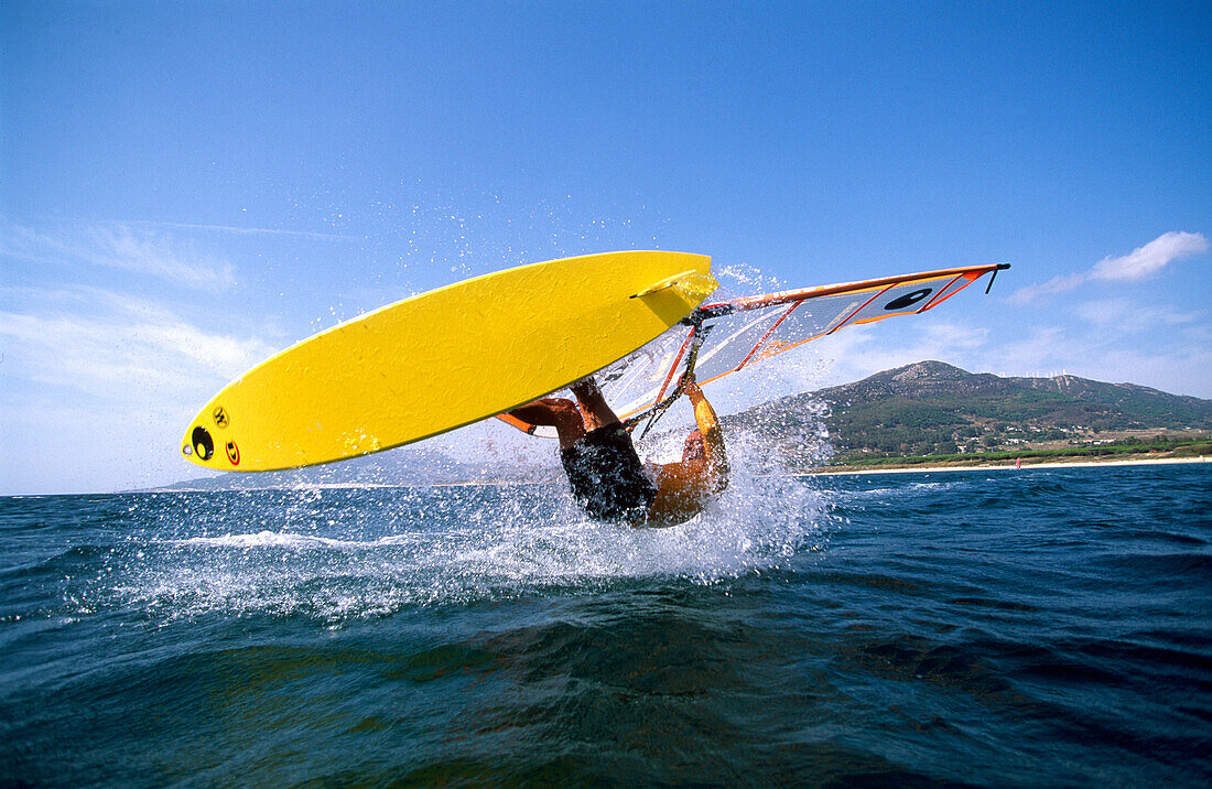 Windsurfer at the Pata Negra Surf Center, Strong winds, Playa Los Lances, Tarifa, Costa de la Luz, Andalusia, Spain