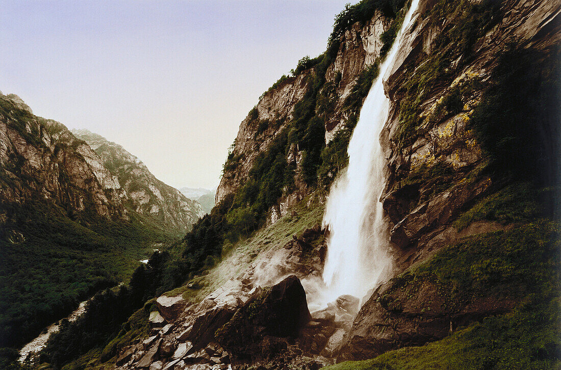 View of a waterfall at Calnegia, Ticino, Switzerland