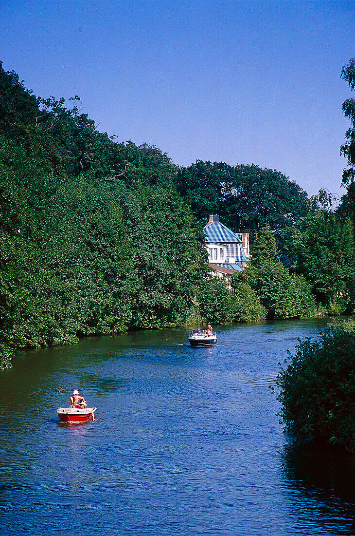 Boats on canal, Plauer See, Mecklenburg Lake District, Mecklenburg-Western Pomerania, Germany