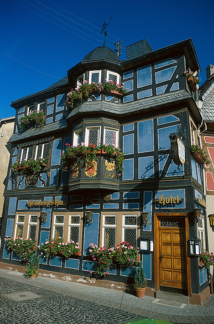Historic blue house, Hotel Blaue Ecke in Adenau, Eifel, Rheinland Pfalz, Germany
