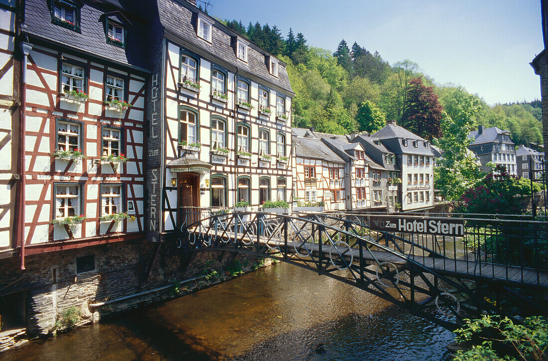 Old houses in Monschau next to the Ruhr River, Eifel, North Rhine-Westphalia, Germany